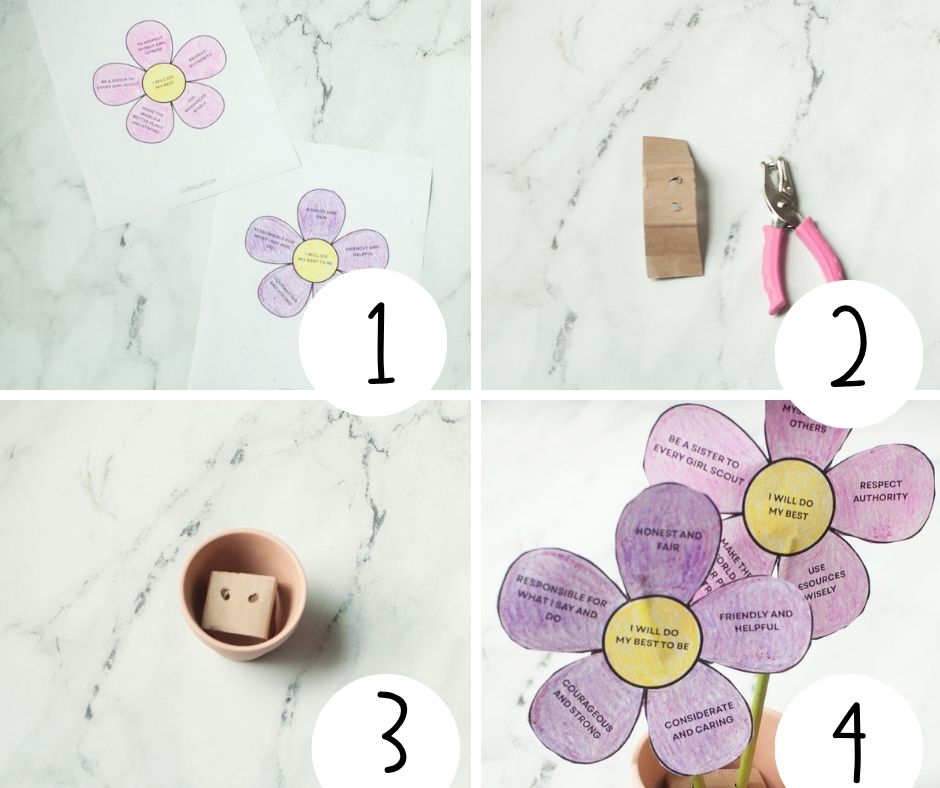 A collage with four images showing a step by step guide on how to make a Girl Scout Law craft.