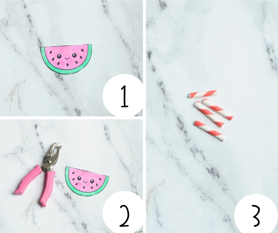 A collage showing a step by step guide on how to make a kids summer necklace craft steps 1, 2, and 3 are shown.