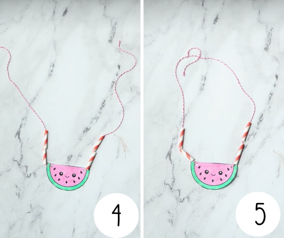 A collage showing a step by step guide on how to make a kids summer necklace craft steps 4 and 5 are shown.