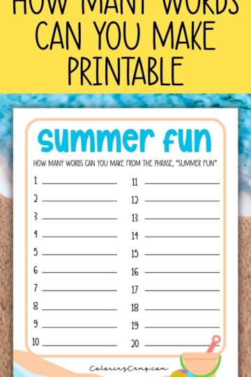 Text that says, "Summer How Many Words Can You Make Printable" below is a mock up of the printable.