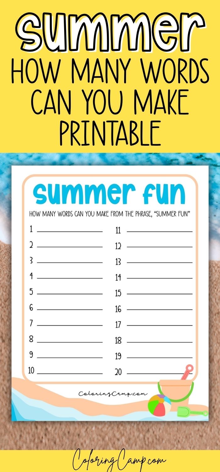 Text that says, "Summer How Many Words Can You Make Printable" below is a mock up of the printable.