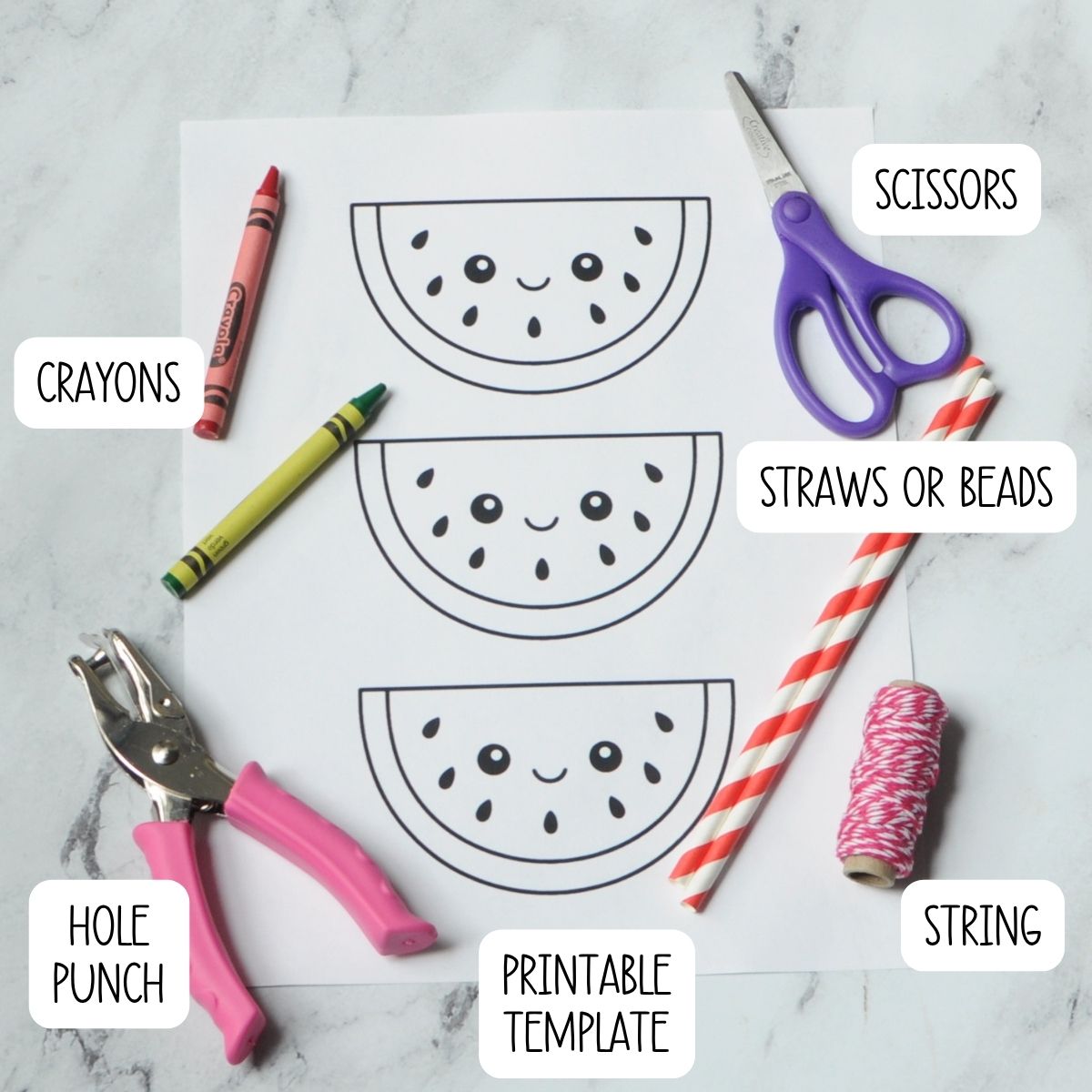 Supplies needed to make a summer necklace craft.