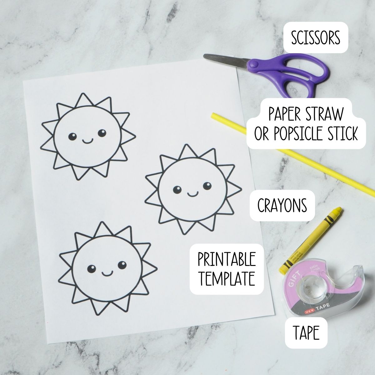 The supplies needed to make a summer wand craft.