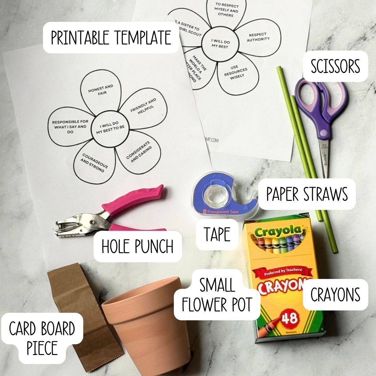 The supplies needed to make the Girl Scout Law craft.