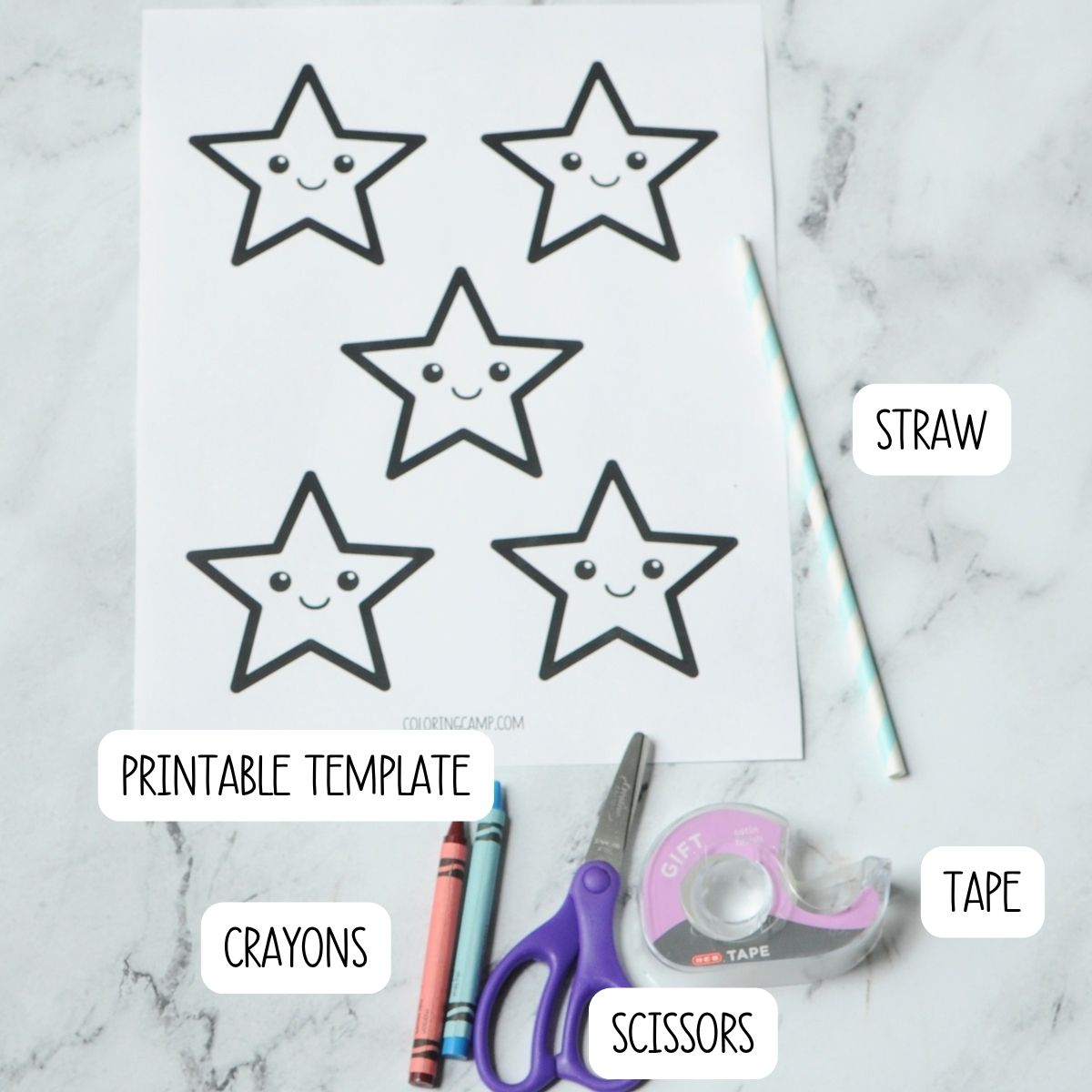 The supplies needed to make the patriotic wand craft.
