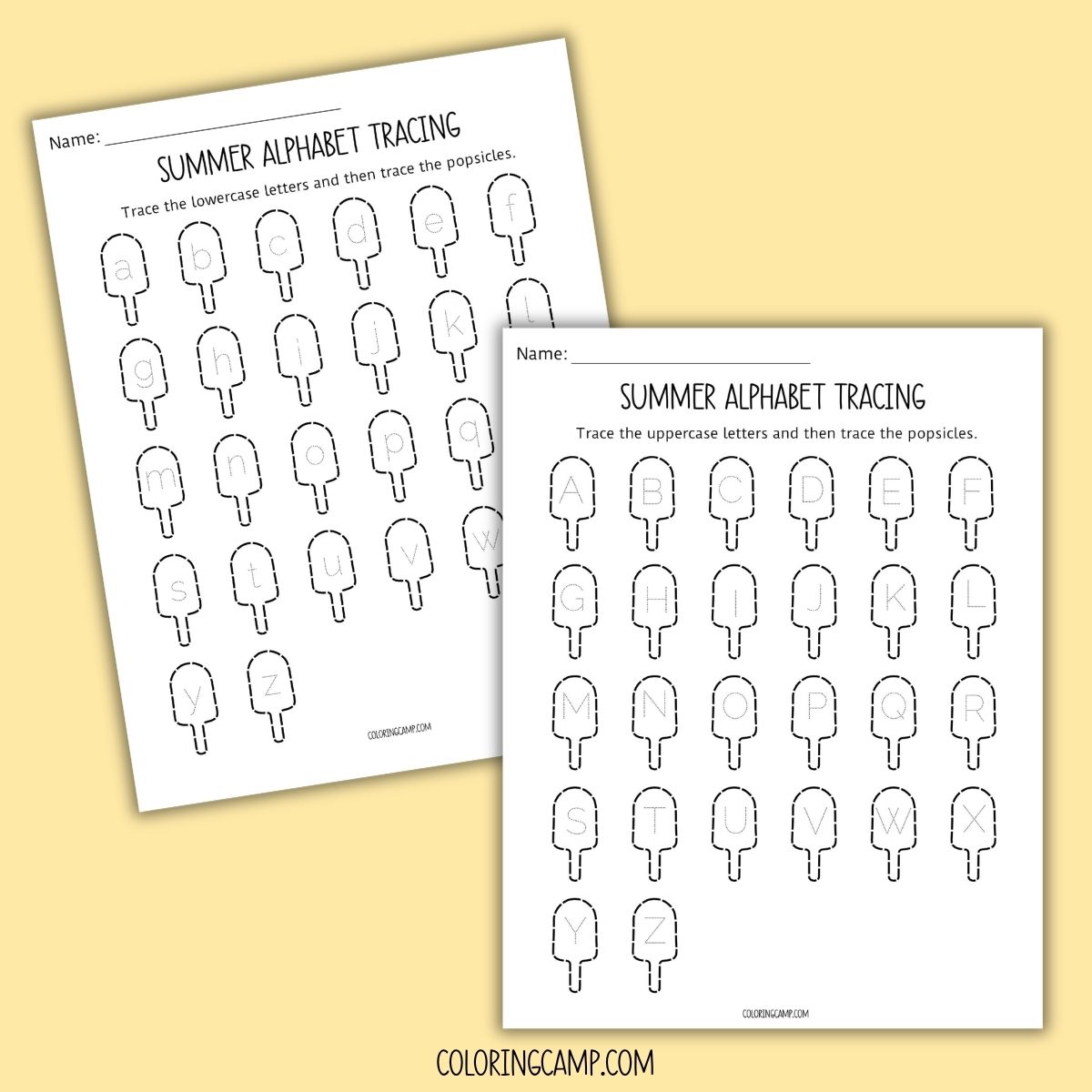 Mock up of free printable summer alphabet tracing worksheets.