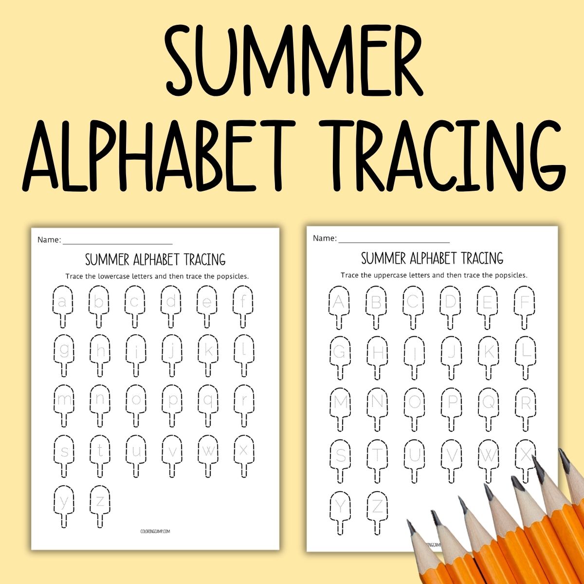 "Text that says "Summer Alphabet Tracing" below are mock ups of the free worksheets.