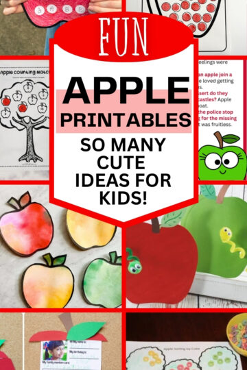 Text that says, "fun apple printables so many cute ideas for kids" around the text are photos of the different printable apple themed activities.