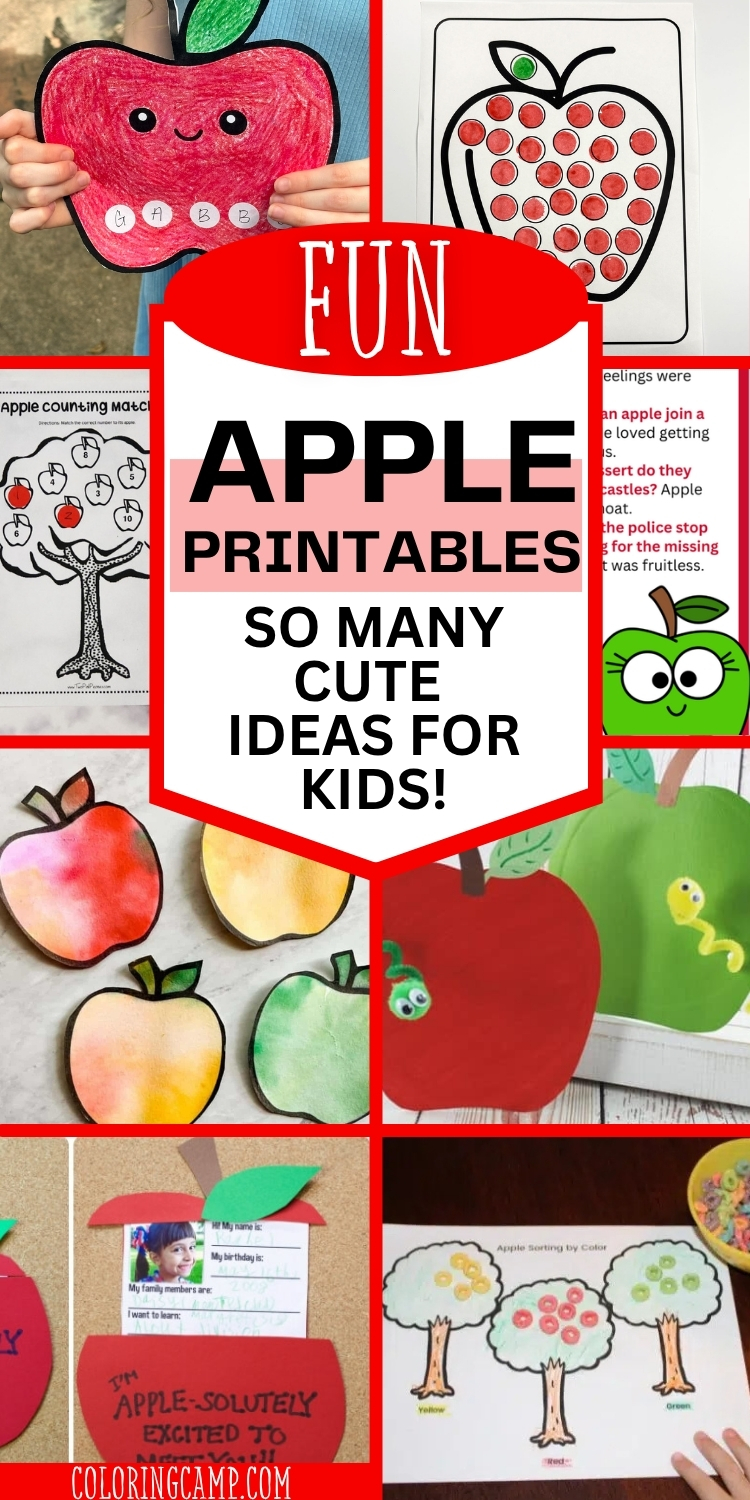 Text that says, "fun apple printables so many cute ideas for kids" around the text are photos of the different printable apple themed activities.