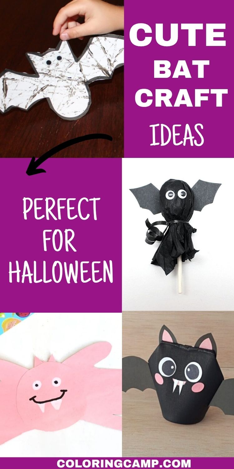 Text that says, "Cute bat craft ideas perfect for Halloween" above and below the text are different bat themed crafts for kids.
