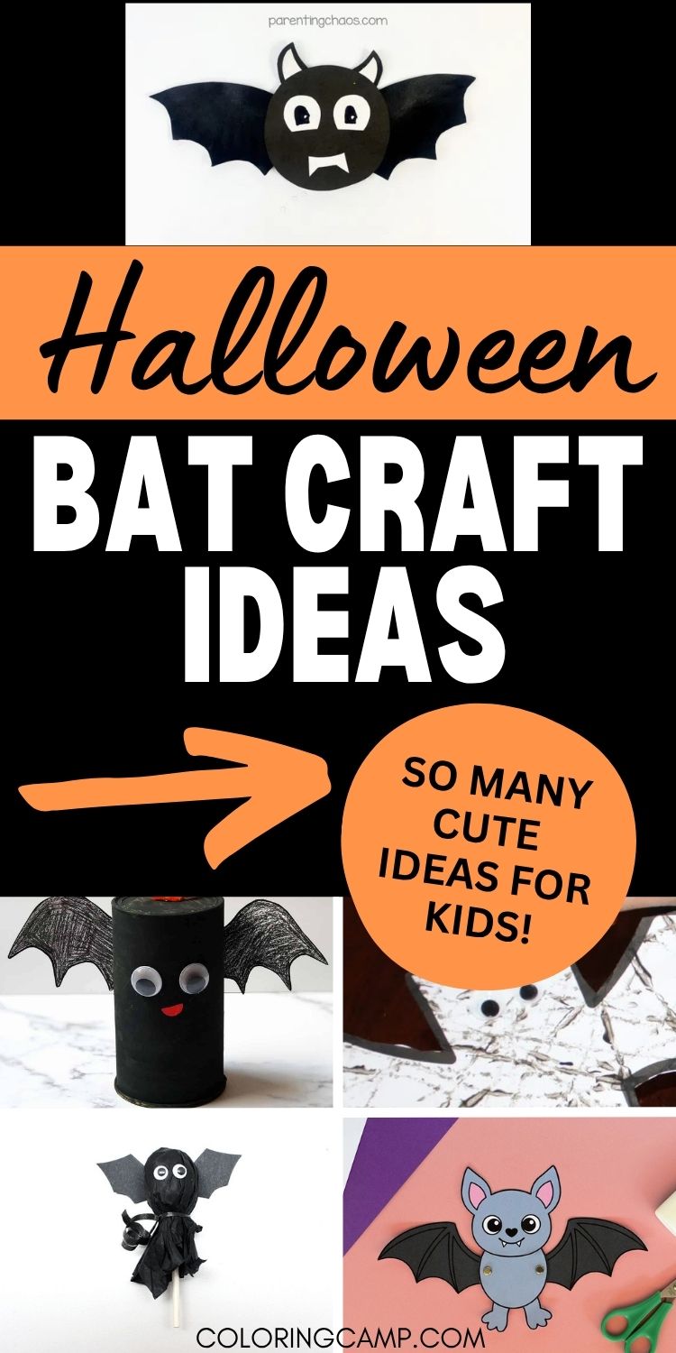 Text that says "Halloween Bat Craft Ideas so many cute ideas for kids" above and below the text are different bat themed crafts for kids.