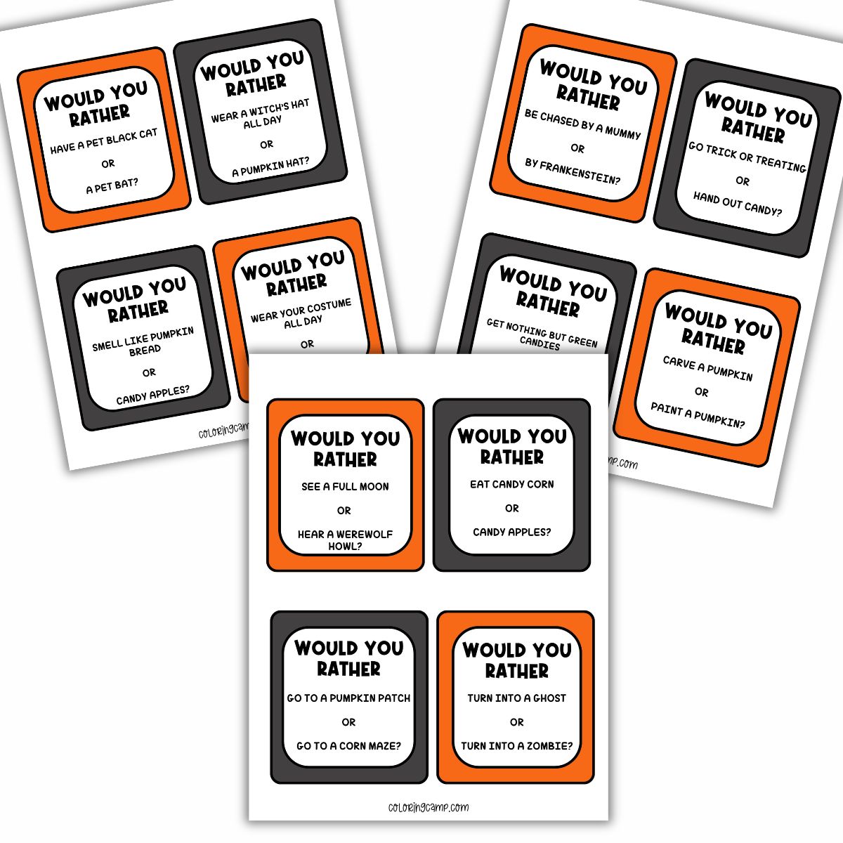 Mock up of the free printable Halloween would you rather questions.